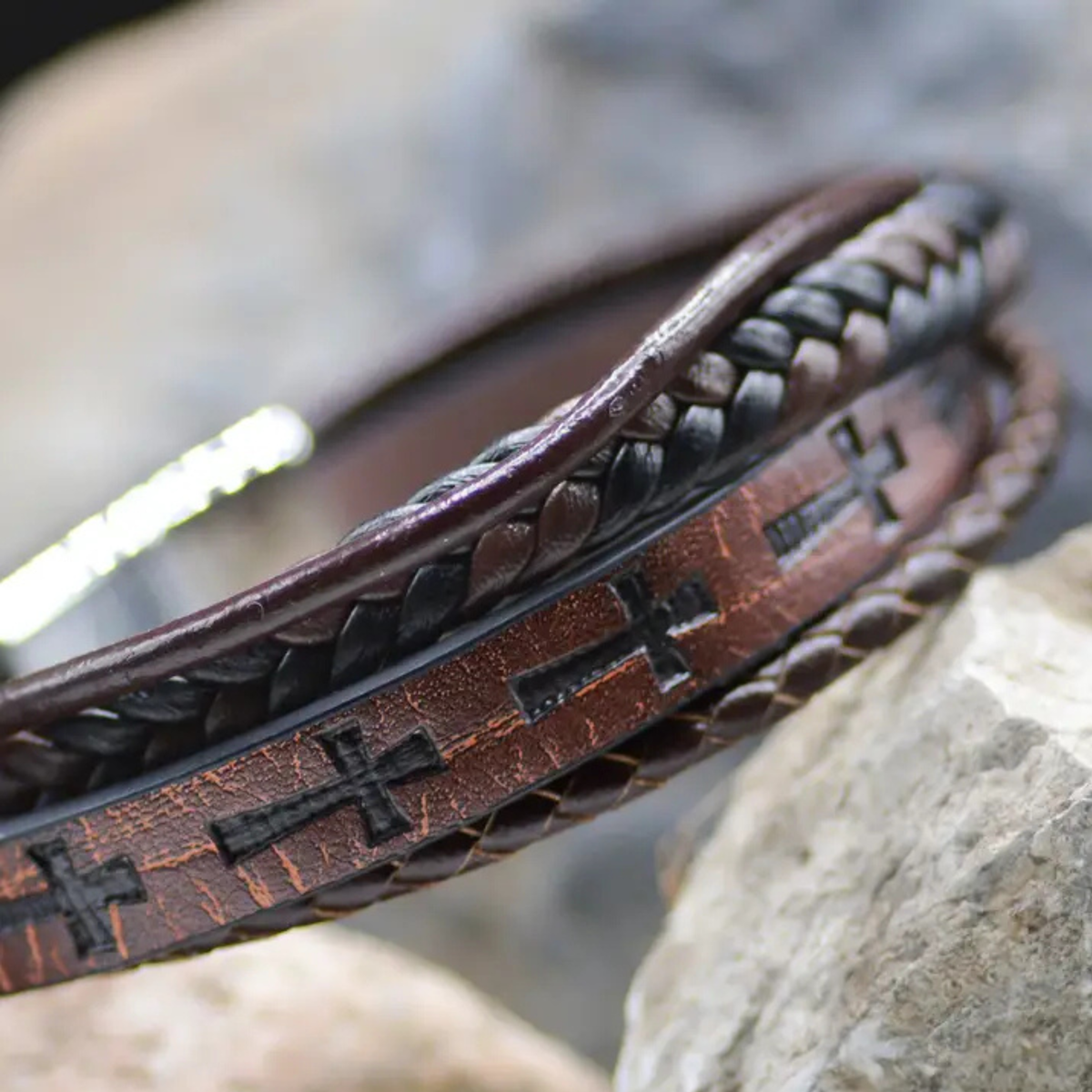 Cross Leather Stamped Bracelet - Eden Merry Bracelet