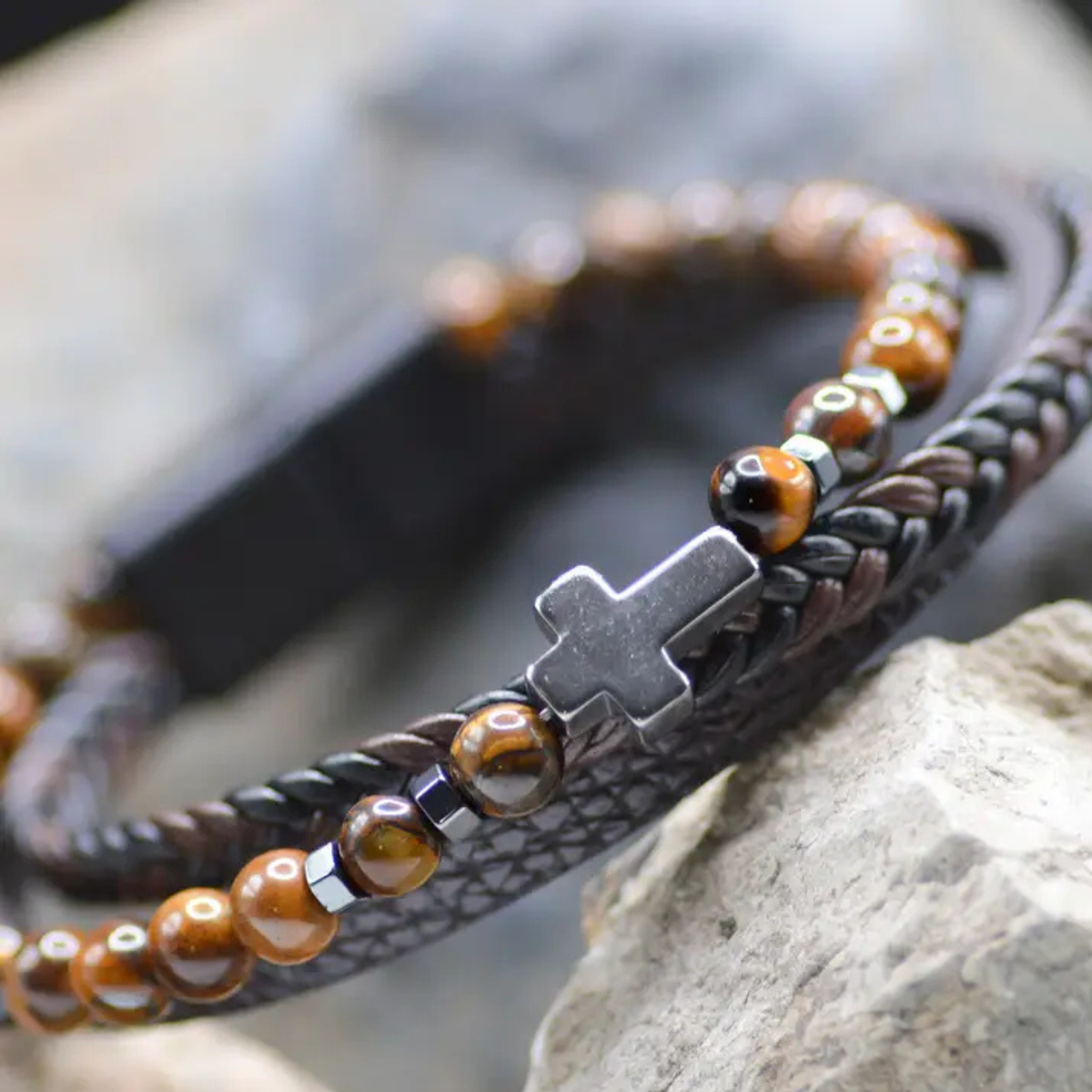 Cross Leather Brown Beaded Bracelet - Eden Merry Bracelet