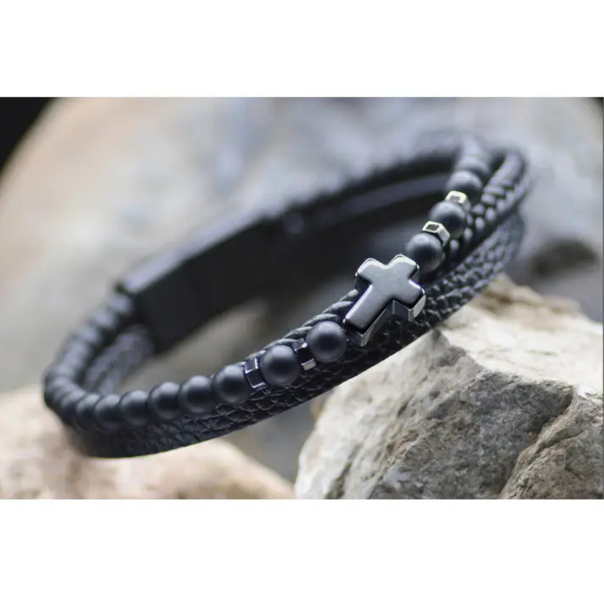 Cross Leather Brown Beaded Bracelet - Eden Merry Bracelet