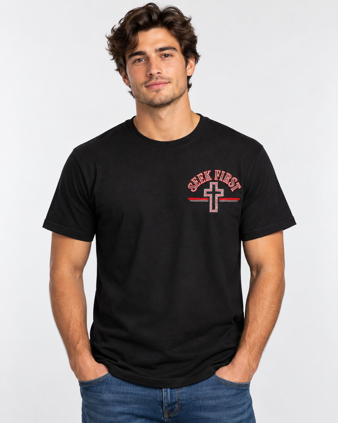 Seek First Kingdom Heavyweight Tee front on model