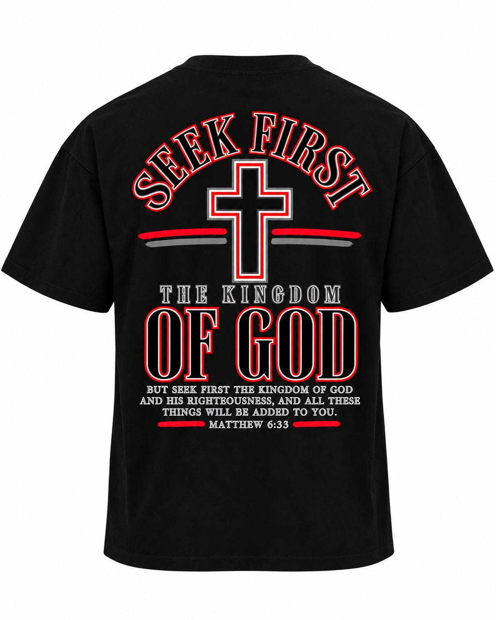 Back of Seek First Kingdom heavyweight tee, ghost mannequin