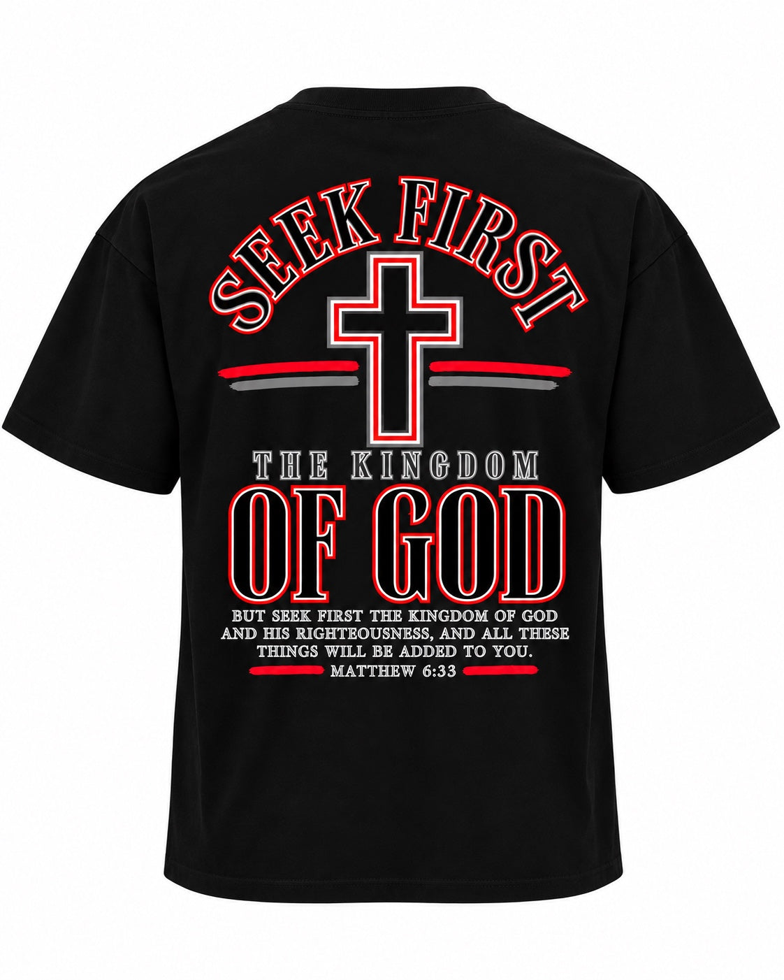 Back of Seek First Kingdom heavyweight tee, ghost mannequin