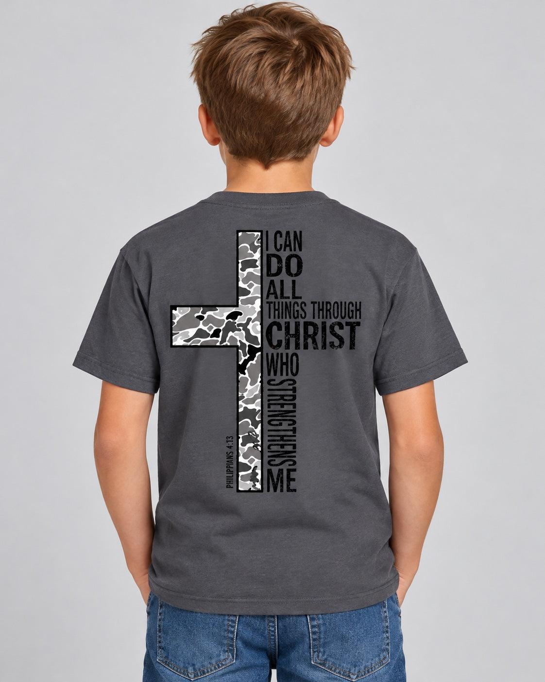 Youth Camo Cross Scripture Tee back