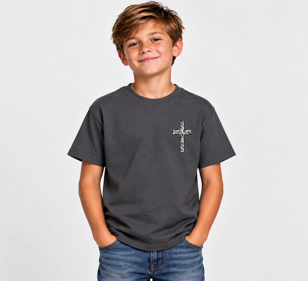 Youth Camo Cross Scripture Tee front