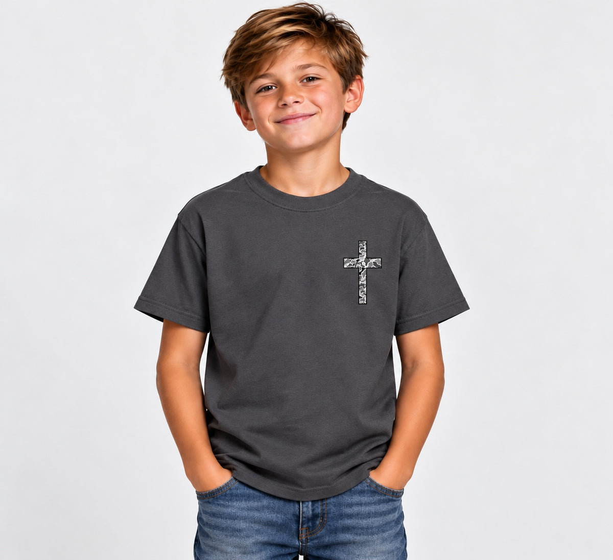 Youth Camo Cross Scripture Tee front