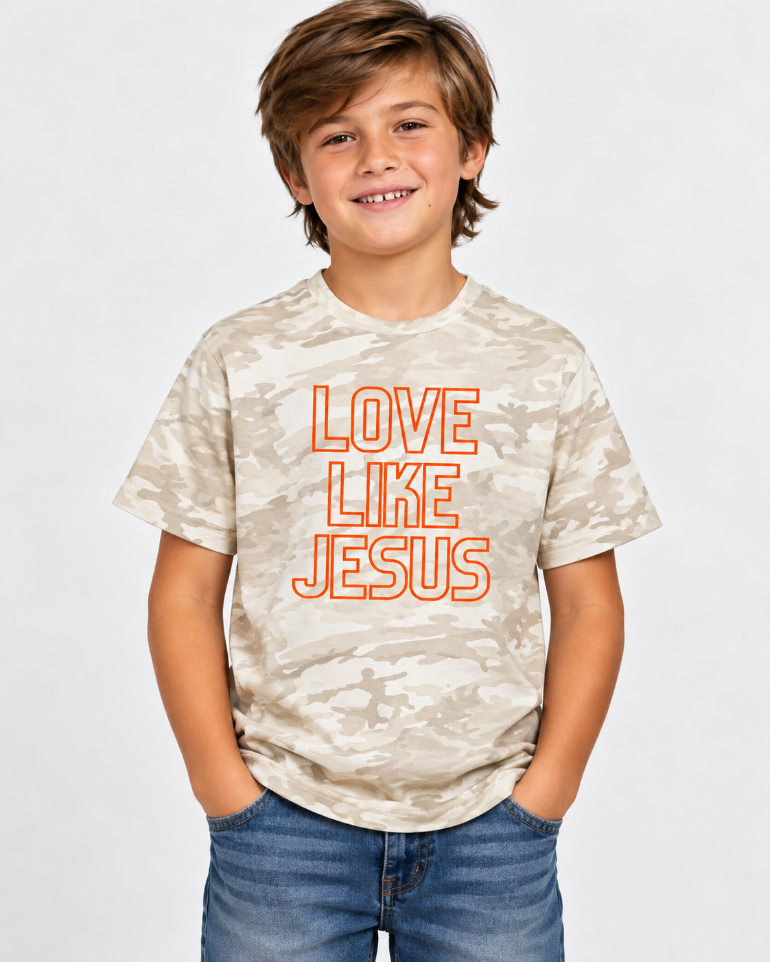 Youth model wearing beige camouflage Love Like Jesus tee